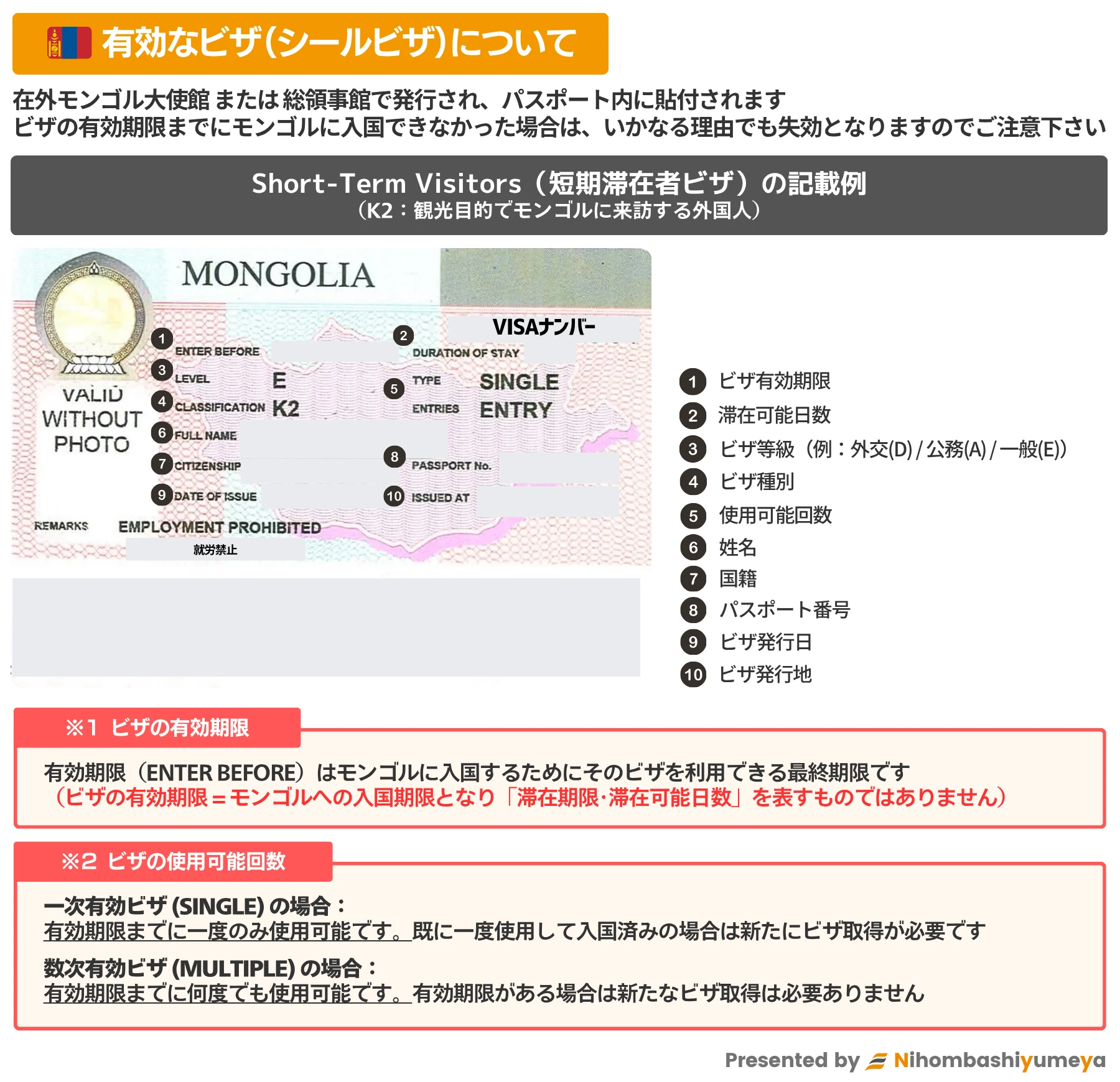 有効なモンゴルビザの記載例